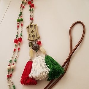 Green, White & Red Tassel Necklace